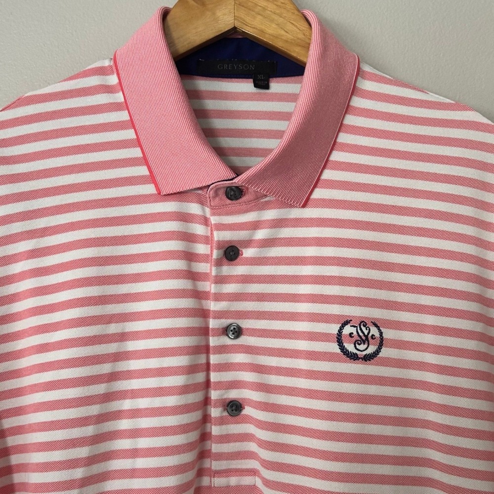 Greyson Polo Shirt Men XL Pink White Striped Performance Golf Wolf Logo Pique
